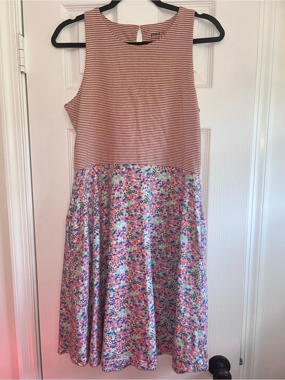 Pact Organic Cotton Pink Striped Bodice with Floral Print Skirt Dress Large